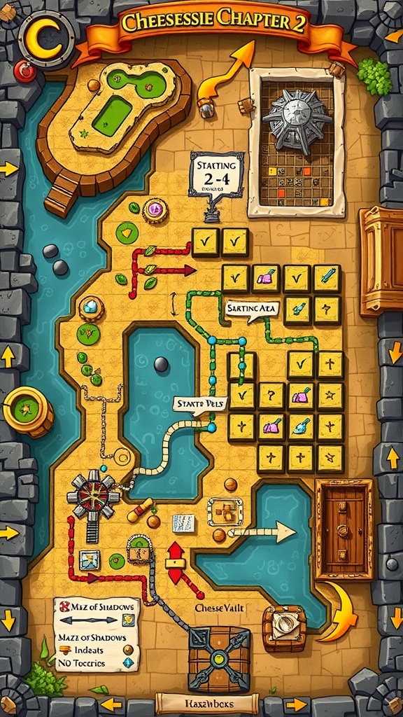 Map layout for Cheese Escape Chapter 2 highlighting key areas and routes.